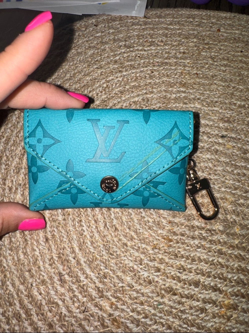 Turquoise Blue Monogram Key Pouch with Gold Hardware